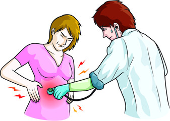 The doctor examines the stomach of a patient is experiencing of abdominal pain