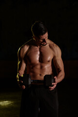 Fototapeta na wymiar Man training in the gym using dumbbells