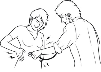 The doctor examines the stomach of a patient is experiencing of abdominal pain outline