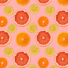 Summer Seamless pattern of juicy Orange grapefruit manadarine tangerine lime Fruit slice on pink background. Healthy food lifestile.  fruit juice advertising.. Summer rest concept.