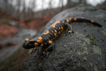 Close-up full body macro shot of Fire salamander (Salamandra salamandra) sitting on wet gray stone. Autumn forest in the background. Shallow depth of field