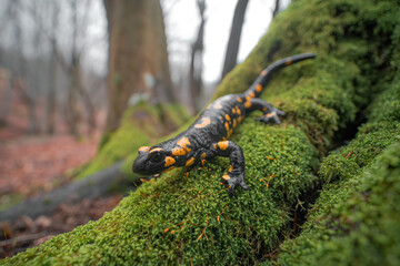 Close-up full body macro shot of Fire salamander (Salamandra salamandra) sitting on green wet moss. Forest in the background. Shallow depth of field