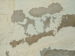 The surface of the walls painted with white is peeling off. You can see the concrete floor inside. Use it as a background and wallpaper.