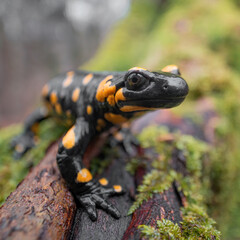 Close-up frontal macro shot of Fire salamander (Salamandra salamandra) sitting on wet mossy tree...