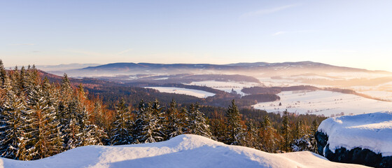 Panorama of the mountain range, view in winter from the lookout point in the Stolowe Mountains.