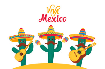 Viva Mexico banner. Three funny cacti in sombrero play traditional mexican guitar, guitar and maracas instruments. © LiluArt