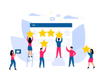 Customer feedback. Online review. Rating flat concept. Tiny people cling stars to the huge web page.