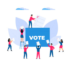 Tiny voters near a huge ballot box cast a vote