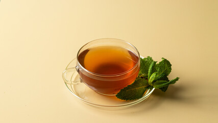 Organic Mentha tea in glass cup with mint bunch on beige background. Herbal tisane drink for health.Large image for banner