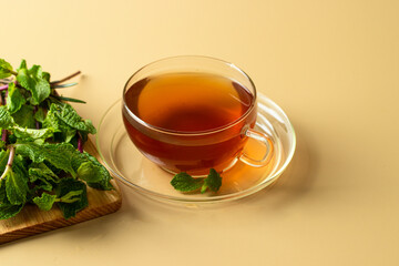 Organic Mentha tea in glass cup with mint bunch on beige background. Herbal tisane drink for health.