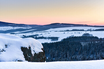 Panorama of the mountain range, view in winter from the lookout point in the Stolowe Mountains.