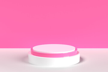 Scène minimaliste avec un podium - plateforme composée de plusieurs ronds - design aux formes géométriques et moderne - blanc et rose - illustration 3D