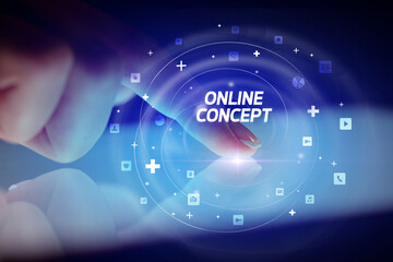 Finger touching tablet with social media icons concept
