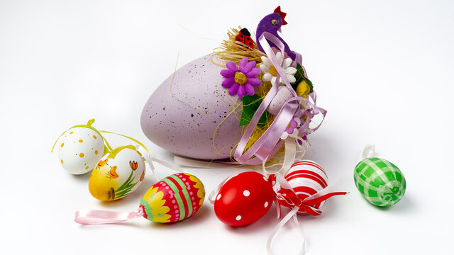 A beautiful picture of one large and several small decorative colorful Easter eggs 