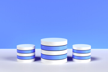 Scène minimaliste avec un podium - trois plateformes composées de plusieurs ronds - design aux formes géométriques et moderne - blanc et bleu - illustration 3D