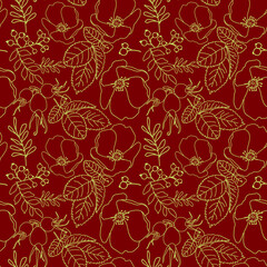 Seamless print. Flowers and fruits of rose hips. Rowan berries and leaves. Baroque colors. The drawing is isolated on a burgundy background.