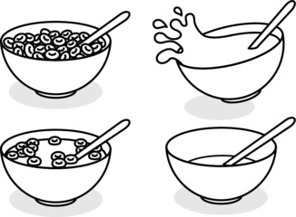 set of vector illustration bowls containing fruit loops cereal with splashing milk