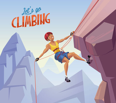 Climber on a cliff higher on a rope.Let's go climbing vector illustration