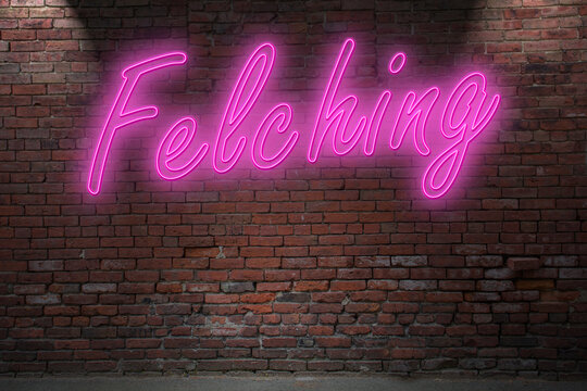 Neon Felching lettering on Brick Wall at night