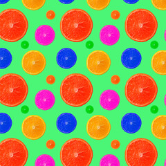 Trendy summer Seamless pattern of Orange Fruit slice unreal unnatural neon bright colors. gift...