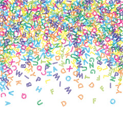 Falling letters of English language. Colorful sketch flying words of Latin alphabet. Foreign languages study concept. Resplendent back to school banner on white background.