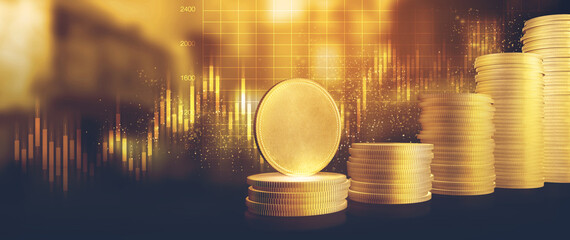 Golden coins of stacks on dark color background with Currency of Business and Finance concept in 3D illustration.
