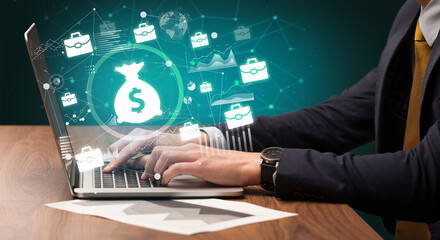 Fototapeta premium Business hand working on laptop, successful business concept