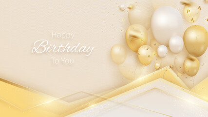 Birthday card with balloons and ribbon 3d style. Luxury golden line background realistic on cream shade. vector illustration for design.