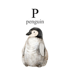 Watercolor illustration of the penguin on white background. Cute animal alphabet series A-Z