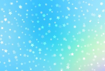 Light Blue, Green vector pattern with christmas snowflakes, stars.