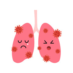 Human lungs cartoon with virus cells in flat design on white background. Coronavirus pneumonia disease. Sick unhealthy lung.