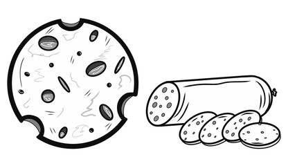 Contour cheese and wurst icons. Creative illustrations. Black sketch. Idea for decors, logo, patterns, papers, covers, gifts, celebrations and holidays, organic food themes. Isolated vector art.