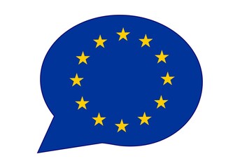 Europa, la CEE, los europeos dicen, hablan u opinan. Bocadillo con la bandera de la Unión Europea o UE. La voz de la UE. Mercado común europeo.