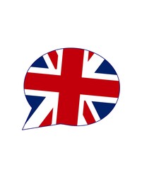 Gran Bretaña o Reino Unido o los ingleses o los británicos dicen, hablan u opinan. Bocadillo con la bandera de Reino Unido. La voz de Reino Unido. Se habla inglés.
