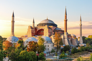 Famous Hagia Sophia Mosque at sunset, Istanbul, Turkey - obrazy, fototapety, plakaty