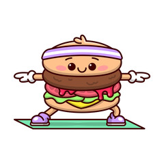 FUNNY BURGER WEARING HEADBAND AND DOING AN YOGA EXERCISE ON A MAT CARTOON STYLE ILLUSTRATION.
