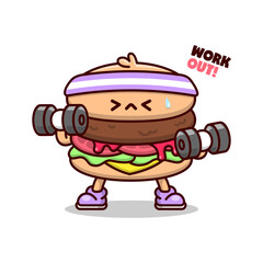 FUNNY BURGER WEARING HEADBAND AND DOING AN  EXERCISE WITH DUMBBELLS CARTOON STYLE ILLUSTRATION.