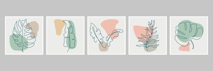 Botanical wall art vector set. Tropical Foliage line art drawing with abstract shape. Abstract Plant Art design for print, cover, wallpaper, Minimal and natural wall art. Vector illustration