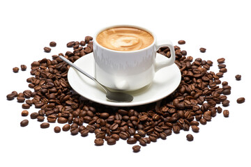 Cup of espresso coffee and beans on white background