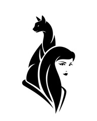 beautiful woman with long hair and sitting elegant cat black and white vector portrait outline