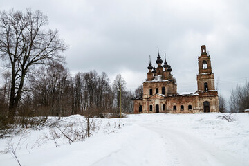 Fototapeta na wymiar Landscape destroyed Orthodox church
