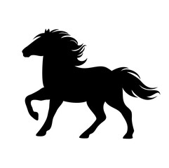 Fototapeta na wymiar beautiful pony with flying mane and tail - cute little horse running forward black and white vector silhouette