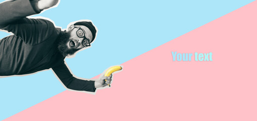 Crazy hipster guy with bananas flies in the air and pointing at your text . Collage in magazine style Flyer with trendy colors, copyspace for ad. Discount, sale, 