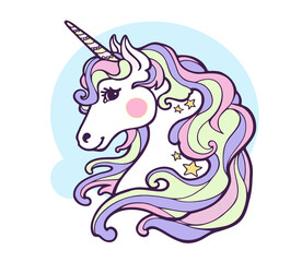 Beautiful Unicorn illustration isolated on white background  cartoon style. Print For Clothing Design, Great for icon, symbol, children's book, postcard.