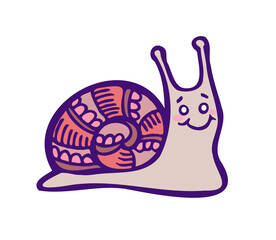 Cute colored snail Hand drawn  vector illustration in the cartoon style. Print For Clothing Design, Great for icon, symbol, children's book, postcard on white background.