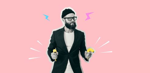 Crazy hipster guy with bananas like pistols . Collage in magazine style . Flyer with trendy colors, copyspace for ad. Discount, sale, season sales. Modern design, creative artwork