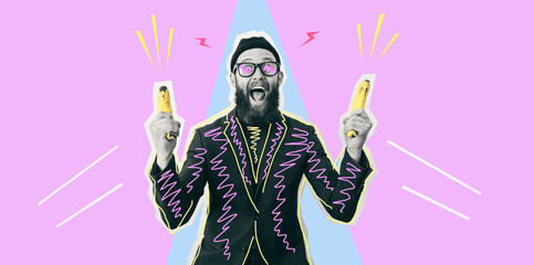 Crazy hipster guy with bananas like pistols . Collage in magazine style with happy emotions. Flyer with trendy colors. Discount, season sales. Modern design, creative artwork
