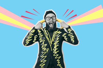 Crazy hipster guy with bananas like pistols . Collage in magazine style. Flyer with trendy colors, copyspace for ad. Discount, season sales. Colorful summer concept. Modern design, creative artwork
