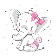 Vectorillustratie van een schattig babyolifant meisje met roze boog en rok.