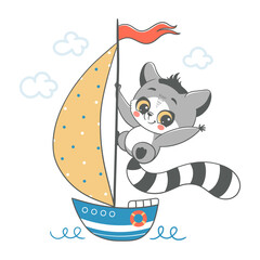 Vectorillustratie van een schattige baby-lemur, zeilen op een schip.